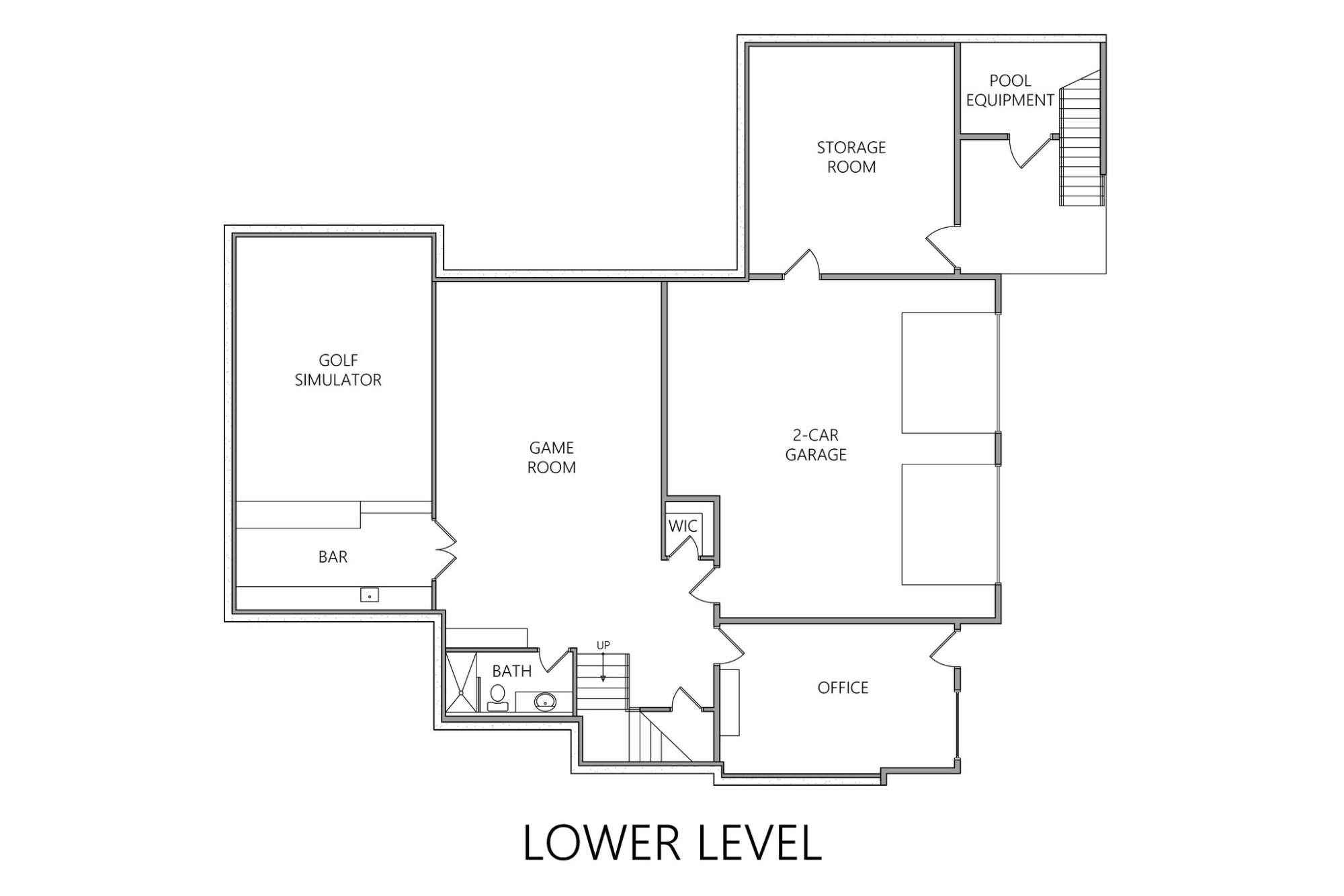 Chateau du Soleil lower level floor plan — golf simulator with bar, game room, 2-car garage, office, pool equipment room, storage.