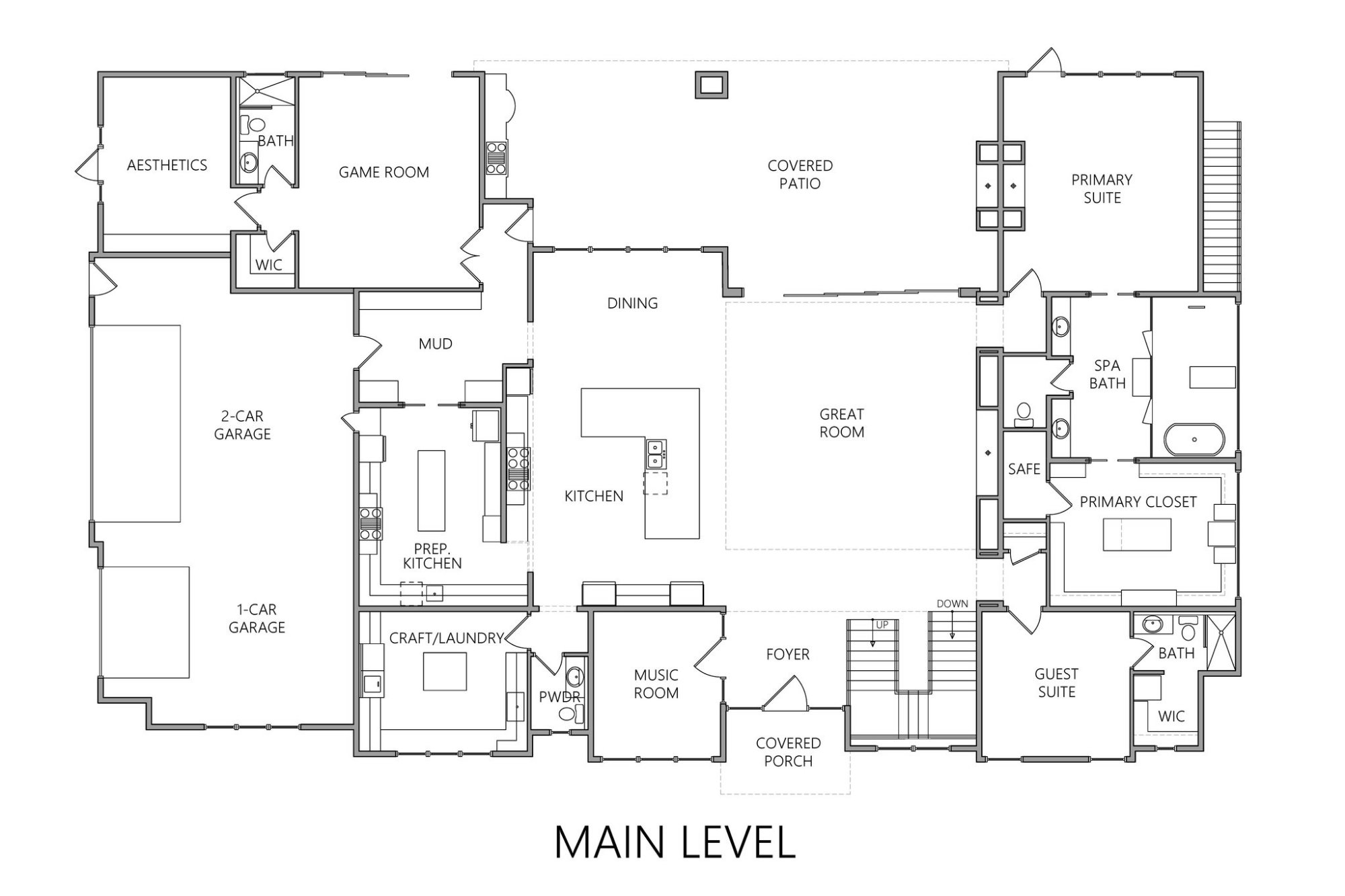 Chateau du Soleil main level floor plan — primary suite with spa bath and safe room, guest suite, kitchen with prep kitchen, great room, music room, game room with aesthetics room, garages.