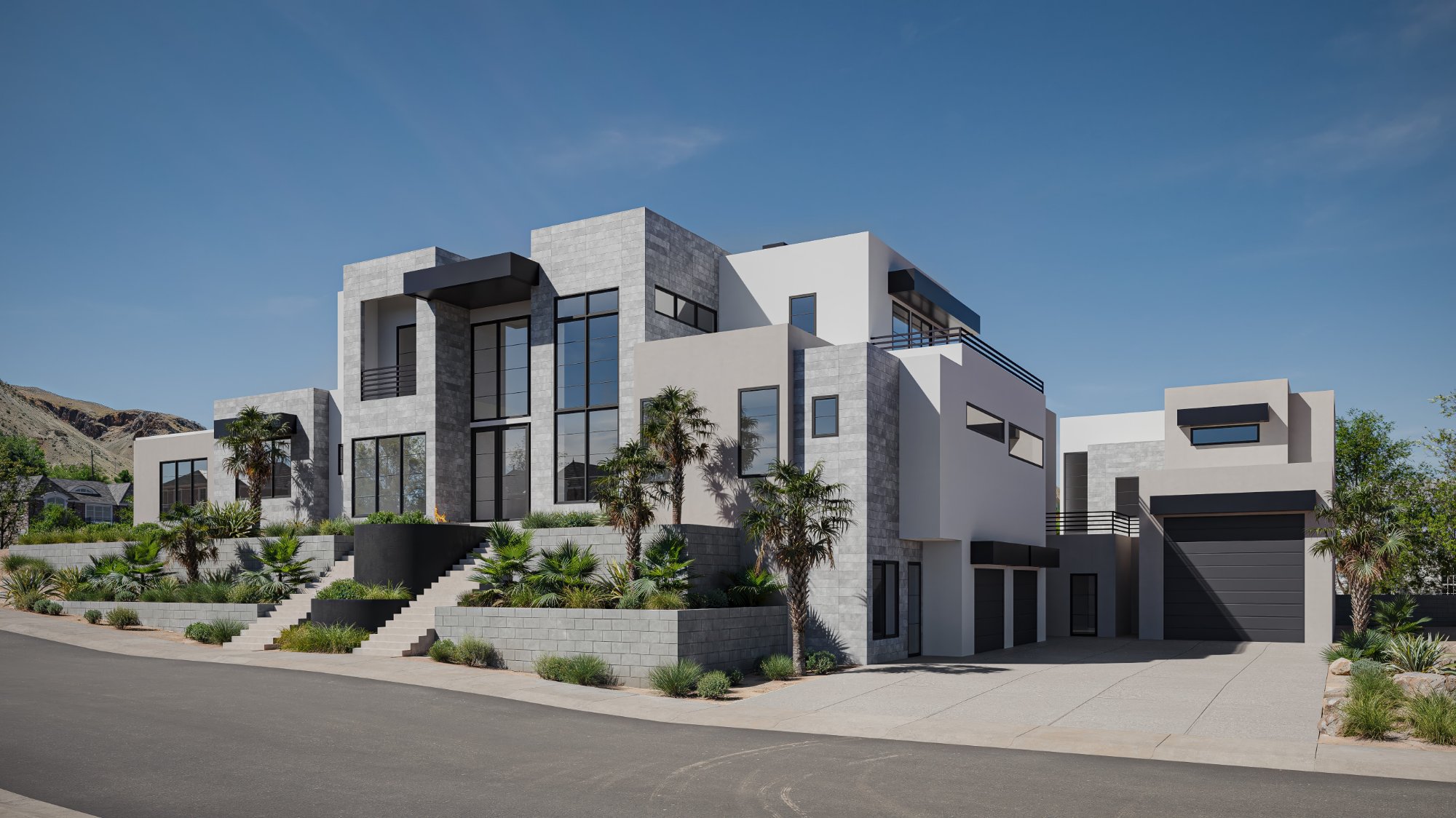 Chateau du Soleil 3D rendering — Big Rock Homes, Hurricane, Utah. Contemporary geometric facade with terraced landscaping and mountain backdrop.