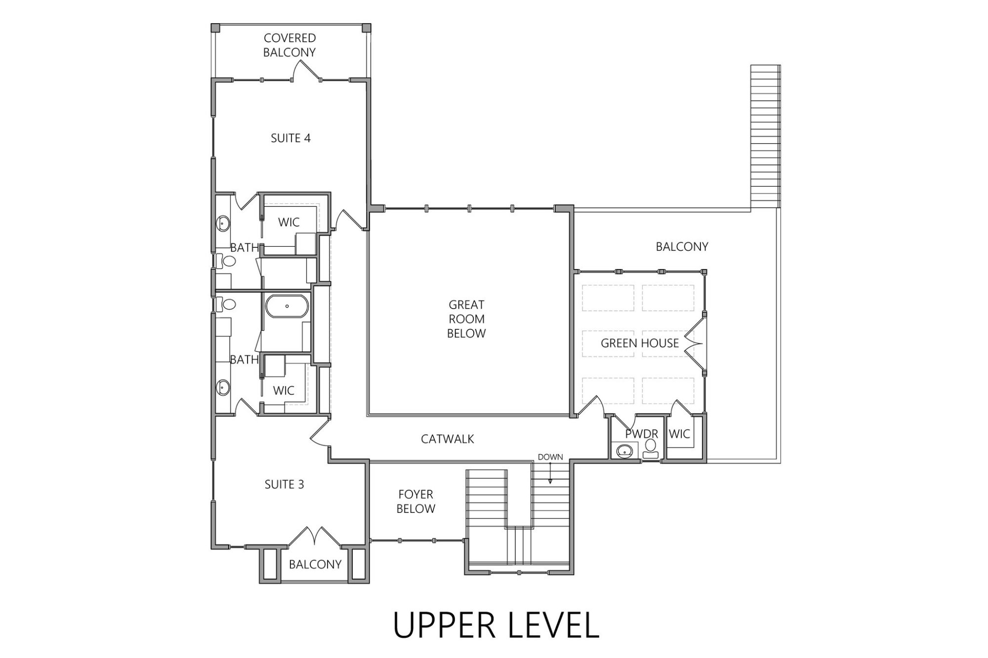 Chateau du Soleil upper level floor plan — two suites with private balconies, catwalk over great room, indoor greenhouse.